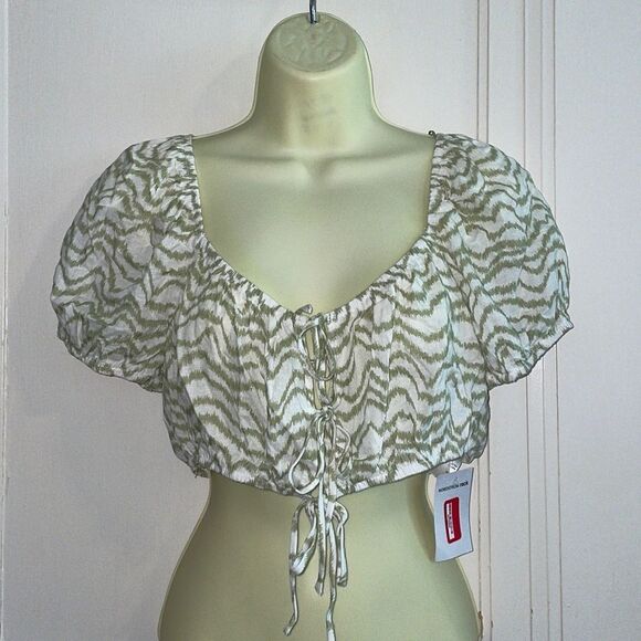 NWT Elodie Boho Peasant white/sage green cotton/linen short sleeve blouse - Picture 1 of 8